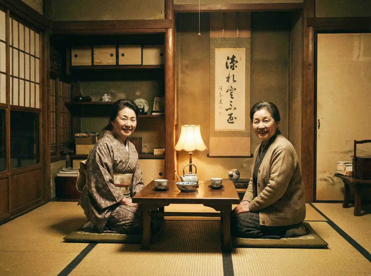 两位优雅的 查小理 在日式茶室中品茶交谈